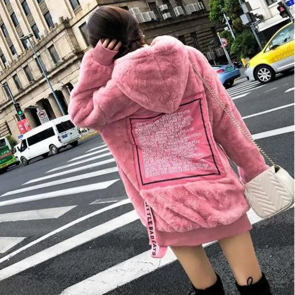 Faux Fur Pink Teddy Velvet Plush Hoodie - Picture 1 of 16